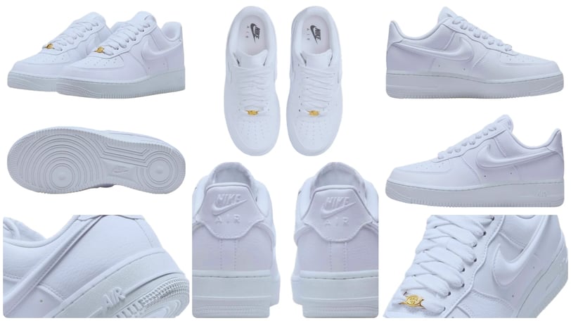 a collection of white sneakers with gold accents, Nike Air Force 1 Low Triple White