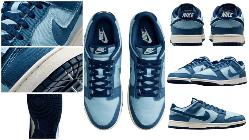 a collage of different types of sneakers, Nike Dunk Low SE Dusted Clay Denim
