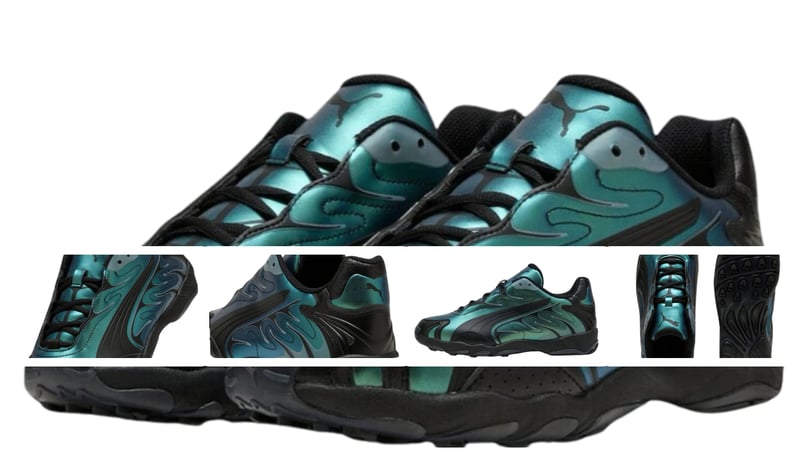 a pair of shoes with a green and black design, Puma Inhale Green