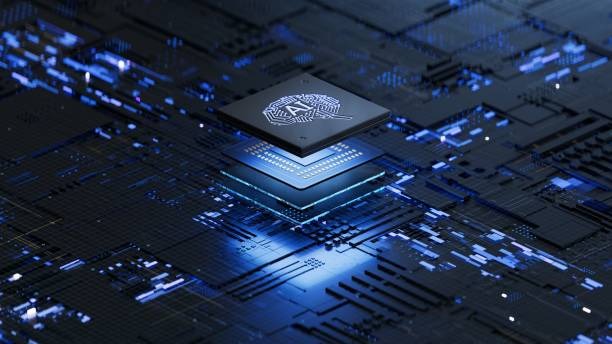 cpu chip with ai brain printed on it in the midst of a black dimly lit motherboard