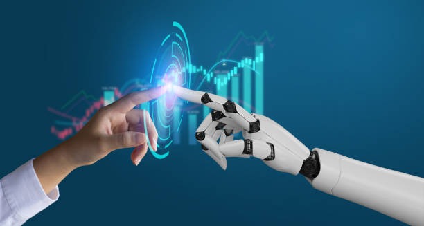 ai robot and human making the connection with their fingers
