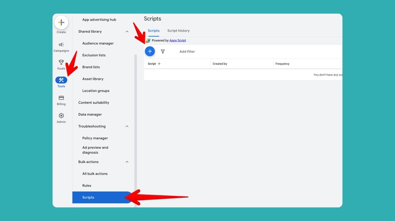 google ads dashboard that shows how to launch a script