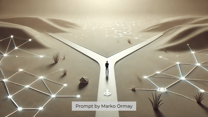 Minimalist crossroads symbolizing free will in a digital world, created from a prompt by Marko Ormay