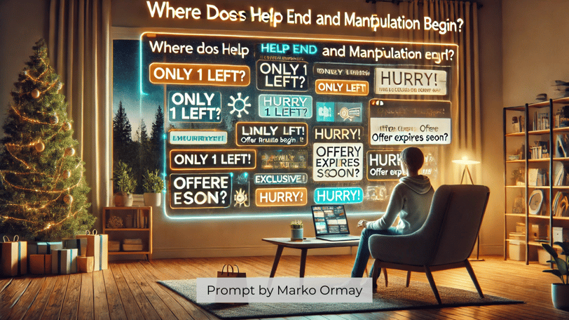 Person shopping online with 'Hurry!' and 'Only 1 left!' prompts, symbolizing AI's influence. Prompt by Marko Ormay
