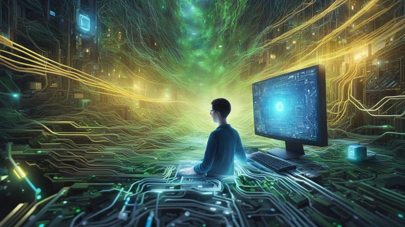 a man sitting on a computer desk with a computer monitor and a computer monitor