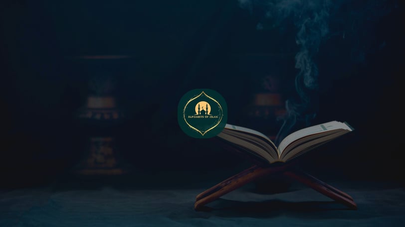 An open Quran resting on a wooden stand with soft ambient lighting and rising incense smoke, featuring the Alphabets of Islam