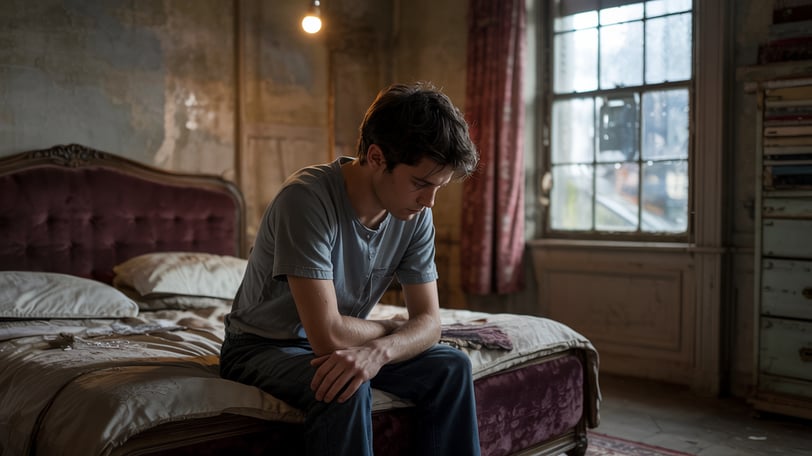 a man sitting on a bed with his hands on his knees