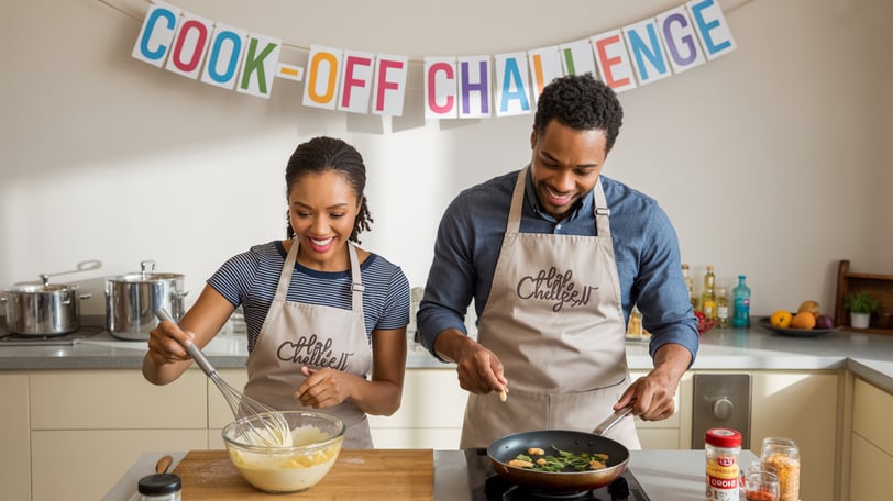 a man and woman cooking together in a kitchen