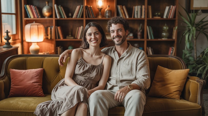 a man and woman sitting on a couch