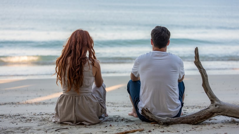 a man and woman sitting on a beach