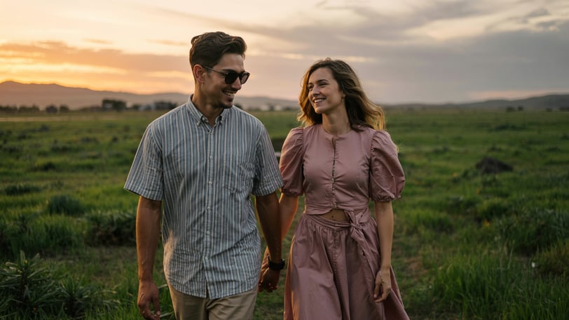 a man and woman holding hands and walking through a field