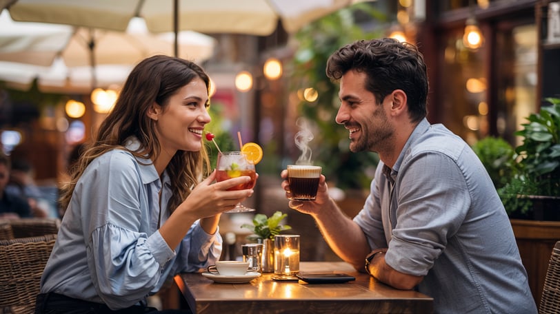 a man and woman sitting at a table with drinks