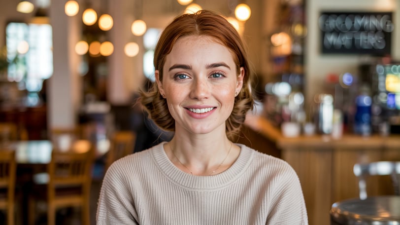 a woman in a sweater and sweater with a smile on her face