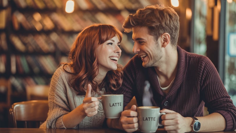 a man and woman sitting at a table with coffee cups