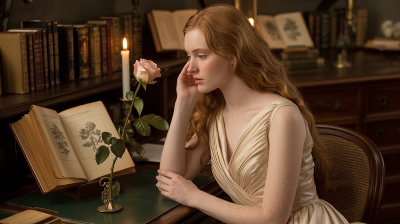 a woman in a dress sitting at a desk with a candle
