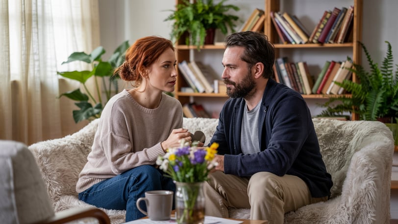 a man and woman sitting on a couch