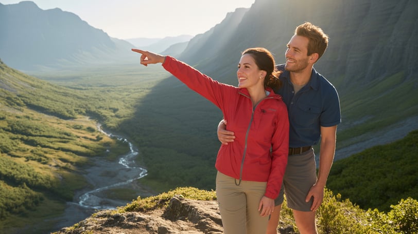 a man and woman standing on a mountain top