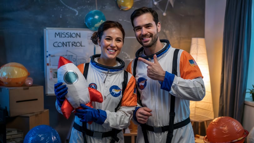 a man and woman in space suits and astronaut suits