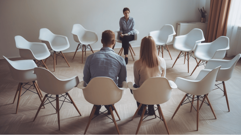 a man and woman sitting in a circle of chairs