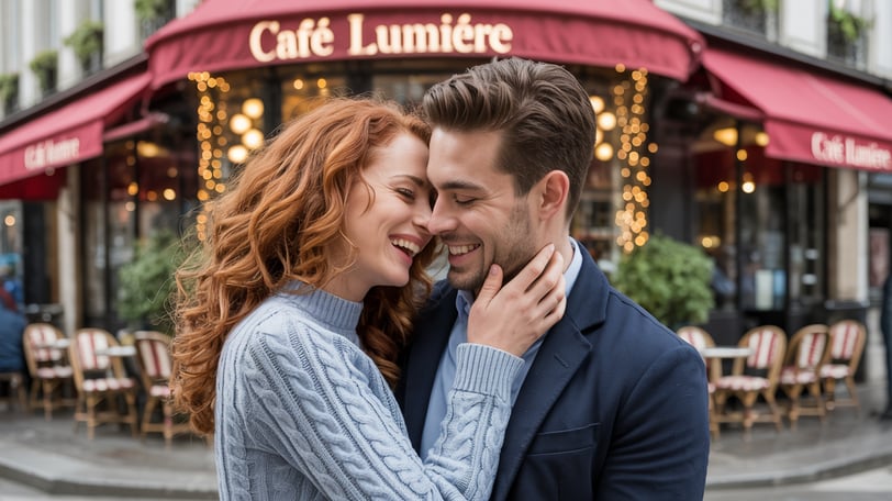 a man and woman standing in front of a cafe