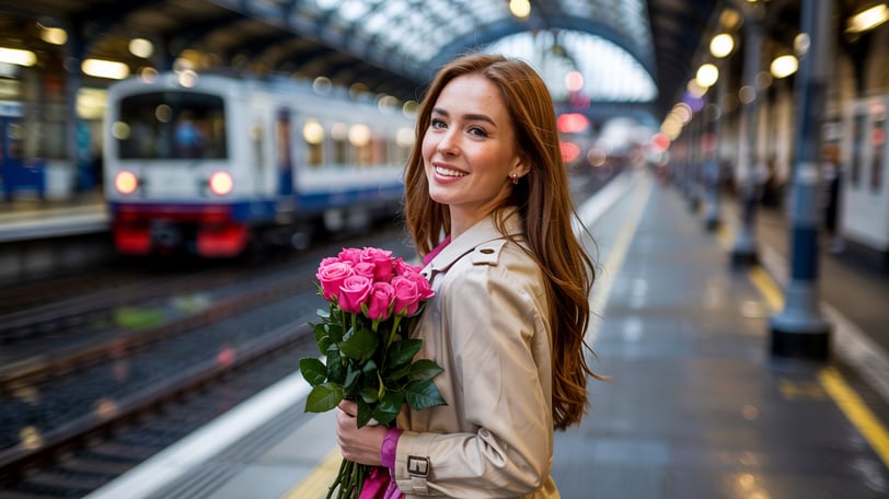 a woman holding a bouquet of roses in front of a train
