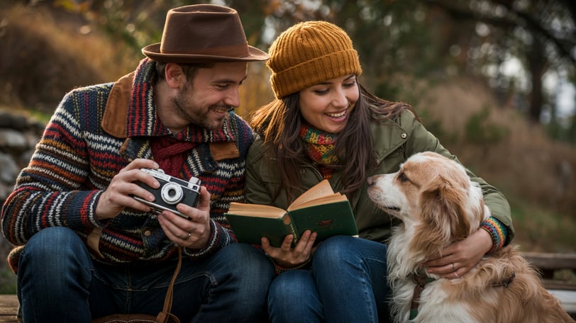 a man and woman sitting on a bench with a dog