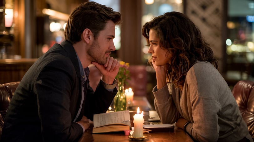 a man and woman sitting at a table with candles