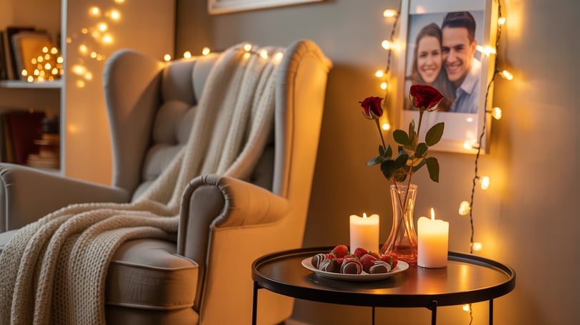 a table with candles and chocolate covered strawberries