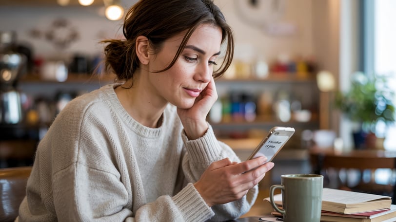 a woman sitting at a table with a cup of coffee