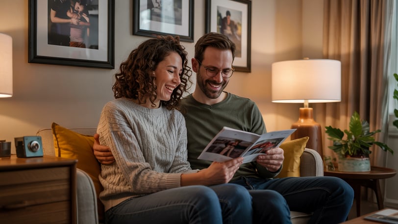 a man and woman sitting on a couch in a living room