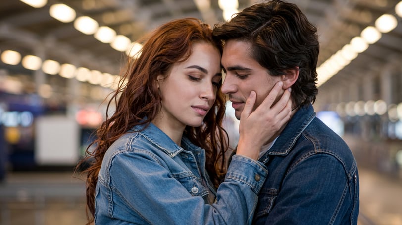 a man and woman embracing in a train station