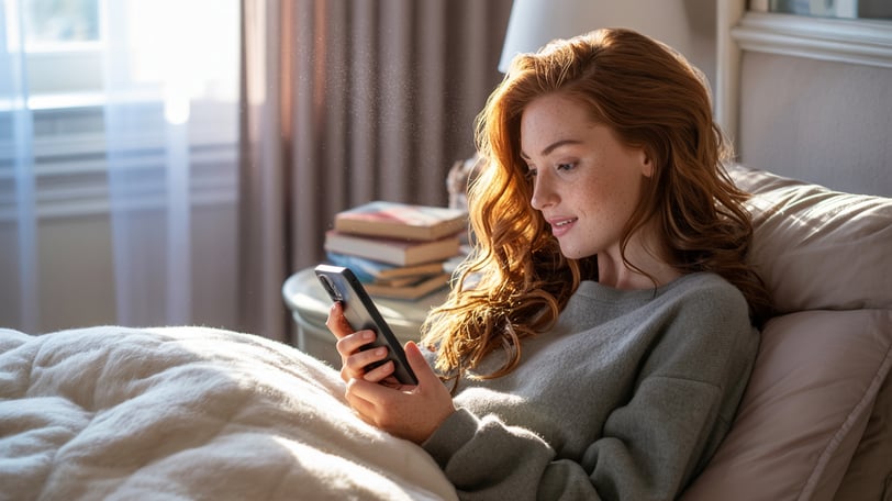 a woman in a gray sweater is looking at her phone