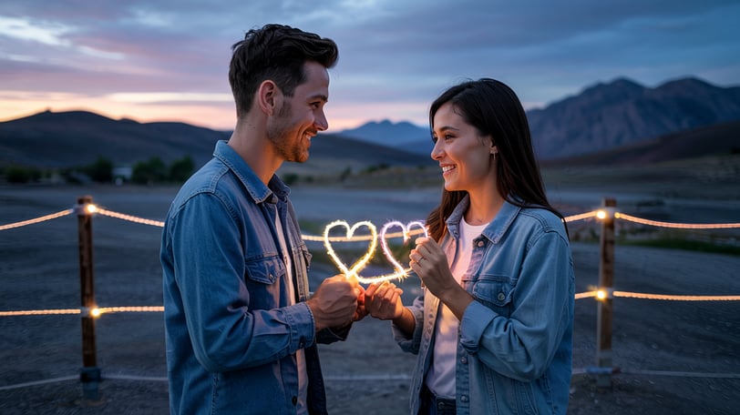 a man and woman holding up a heart shaped light up