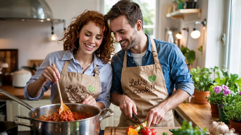 a man and woman in aprons cooking together