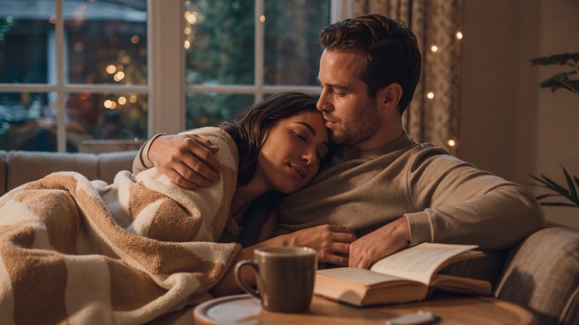 a man and woman are laying on a couch