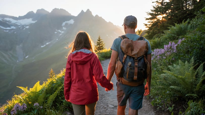 a man and woman walking down a path