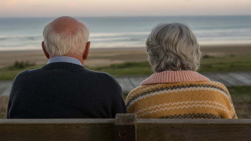 a man and woman sitting on a bench looking out over the ocean