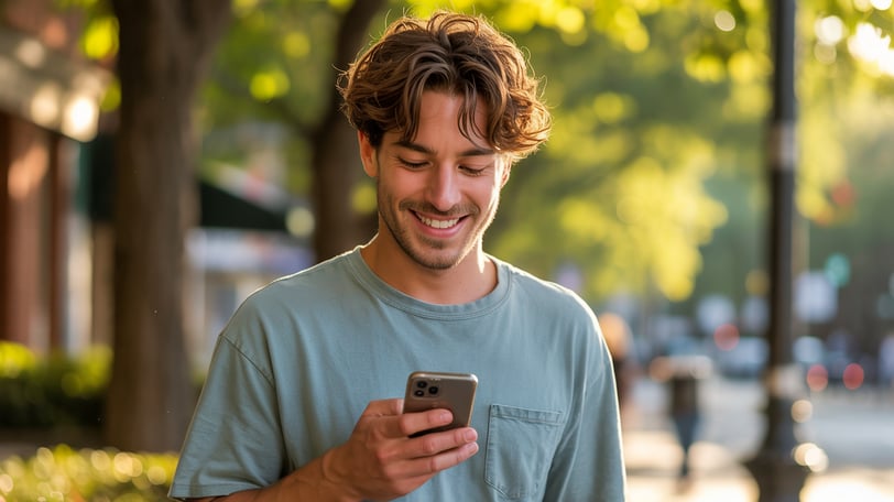 a man in a blue shirt is smiling and holding a cell phone