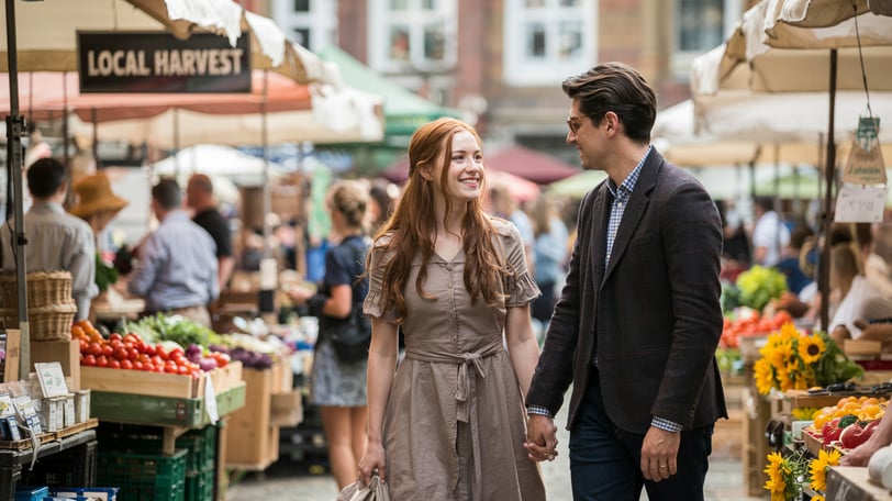 a man and woman holding hands and walking through a market