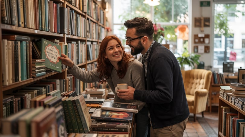 a man and woman standing in a library