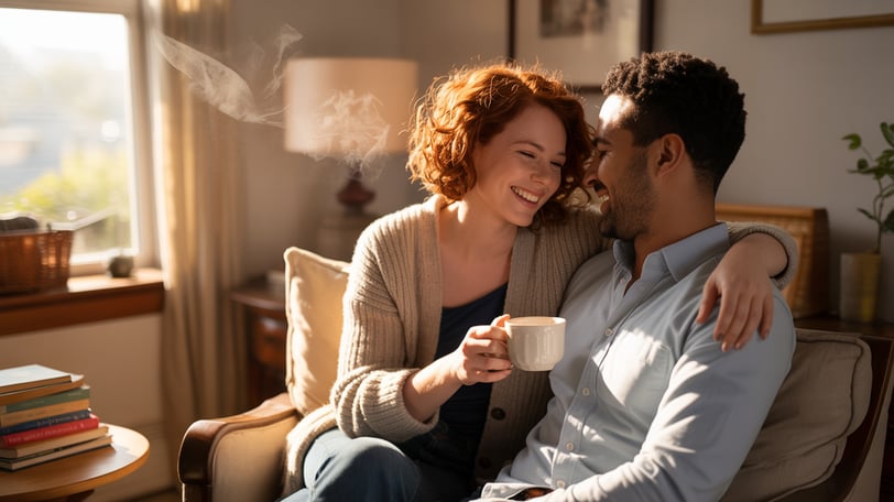 a man and woman sitting on a couch