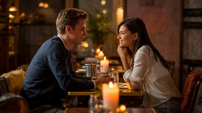 a man and woman sitting at a table with candles