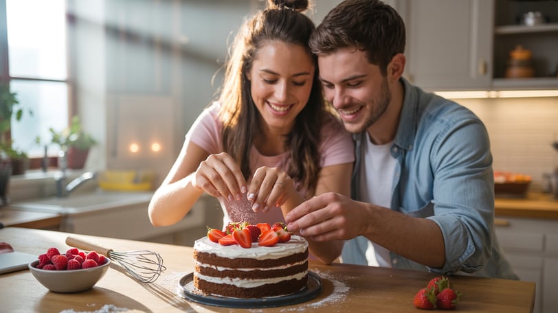 a man and woman are cutting into a cake