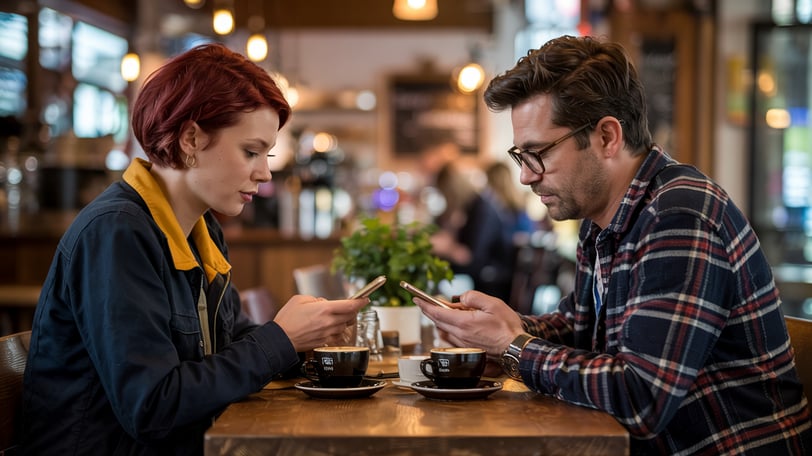 a man and woman sitting at a table using their phones