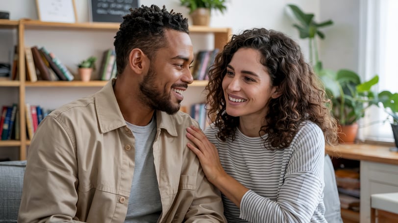 a man and woman sitting on a couch