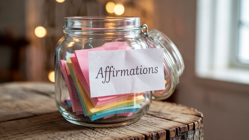 a jar of affirmation paper with a note pad attached to it