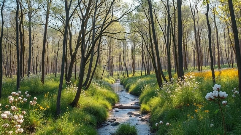 A bare forest with cotton plants.