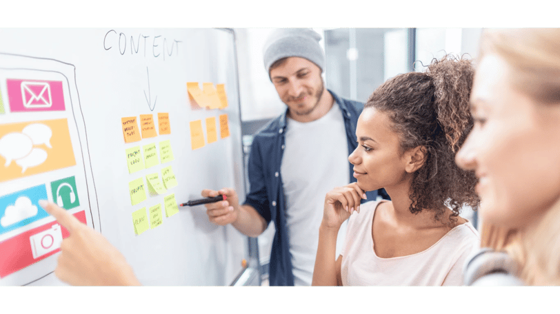 Team discussing user experience (UX) and SEO strategies on whiteboard | Optimizing content