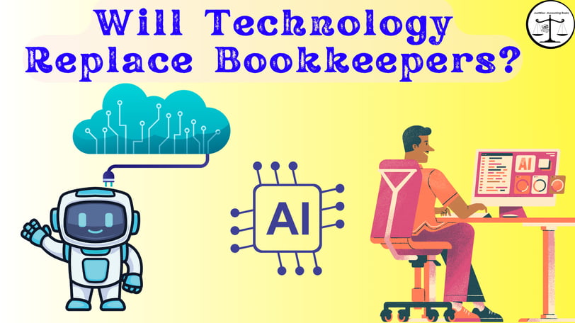 Will Technology Replace Bookkeepers? A robot and AI symbol are shown next to a man working on a comp