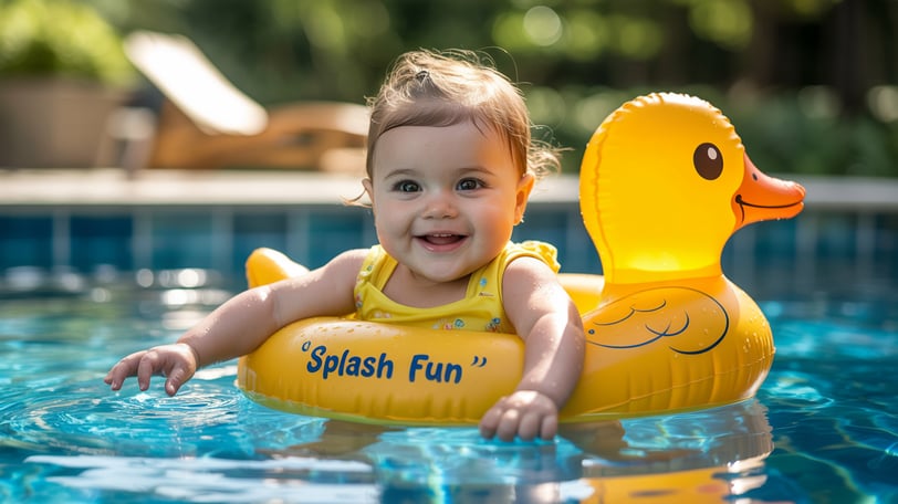 a baby in a yellow rubber duckling floatie